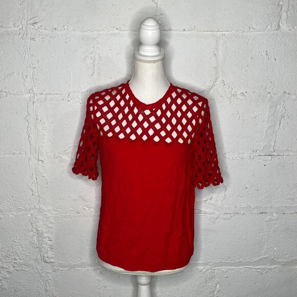 Sandro Paris Women's Rayon Blend Lace Lace Crewneck Red Keyhole Blouse Size 1 - Picture 1 of 8